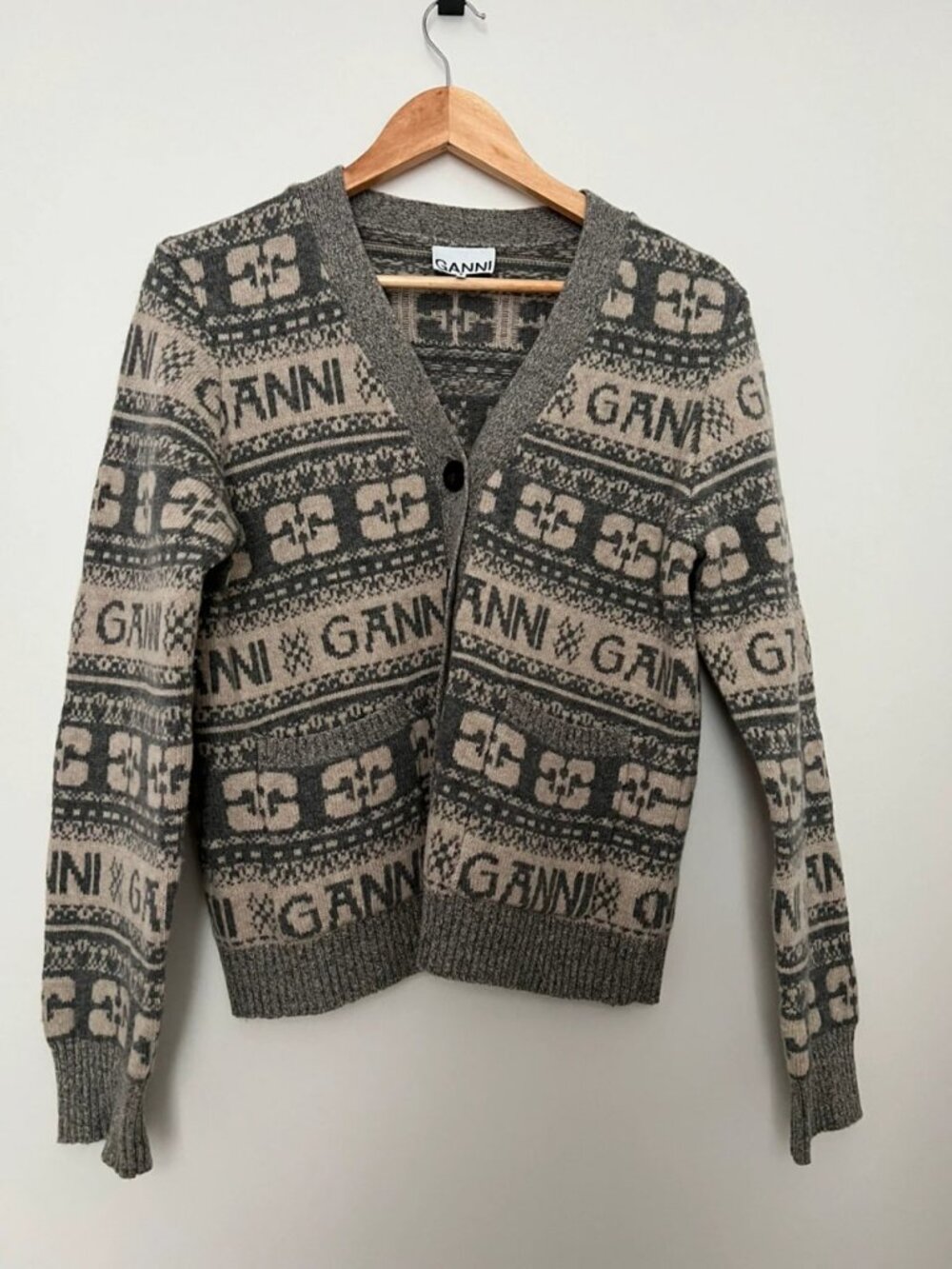 GANNI Wool Cardigan Gray & Cream Women’s Size M